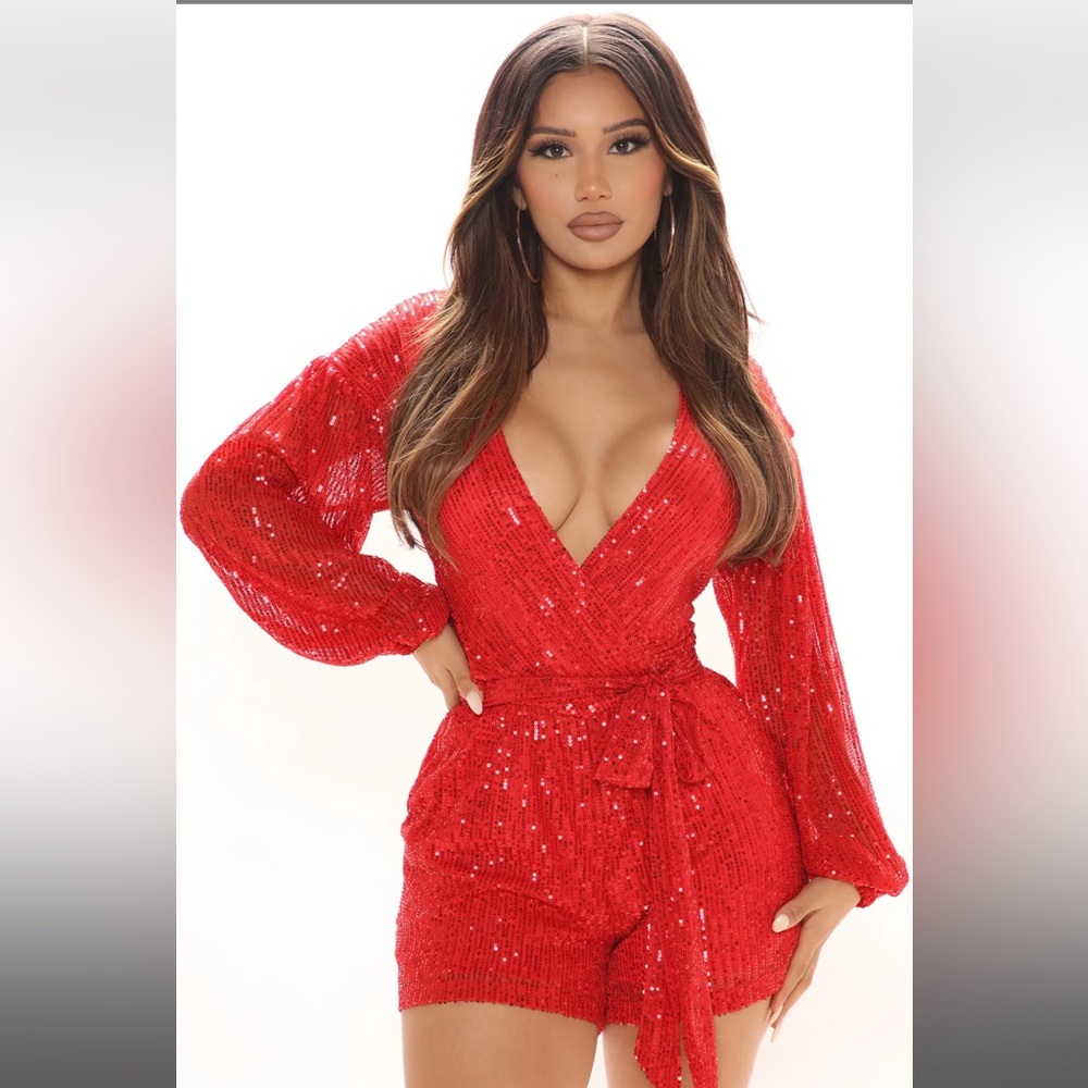 Sequined romper with belt